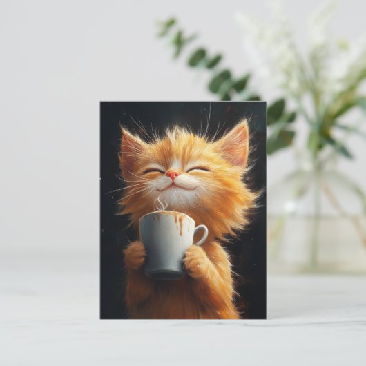 Cute Ginger Kitty With a Coffee ポストカード (スタンド正面)