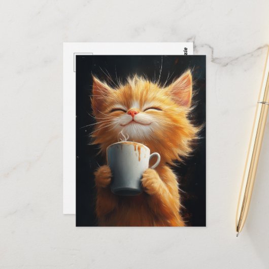 Cute Ginger Kitty With a Coffee ポストカード (正面/裏面インサイチュ)