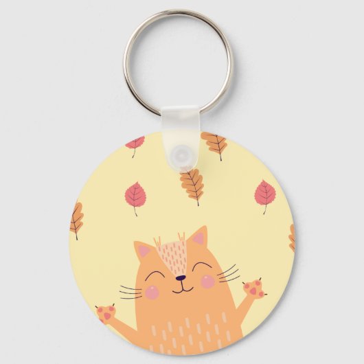 Cute Ginger Orange Cat Playing in Autumn Leaves キーホルダー (正面)