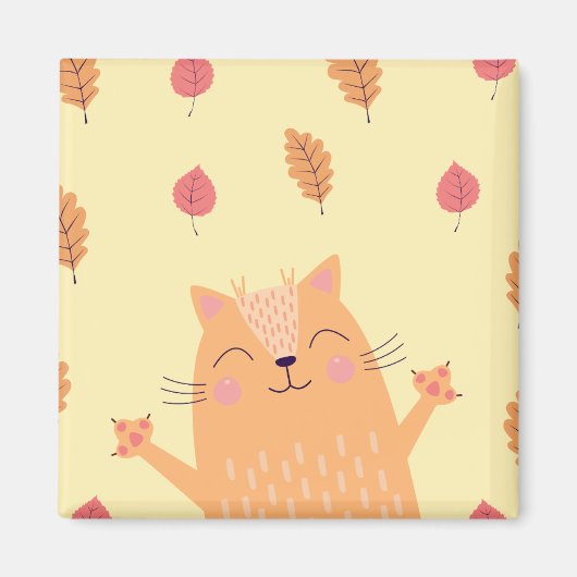 Cute Ginger Orange Cat Playing in Autumn Leaves マグネット (正面)