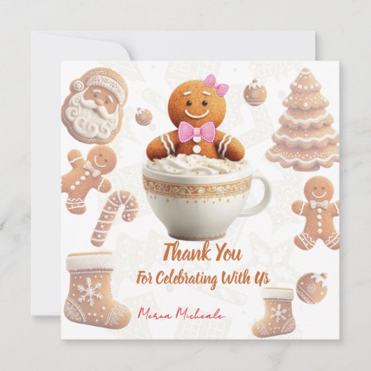 Cute Gingerbread Cookie kids party サンキューカード (正面)