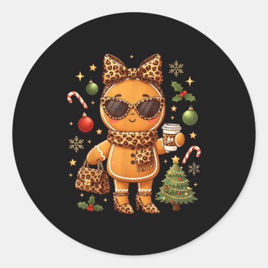 Cute Gingerbread Leopard Christmas Xmas Girl Women ラウンドシール (正面)