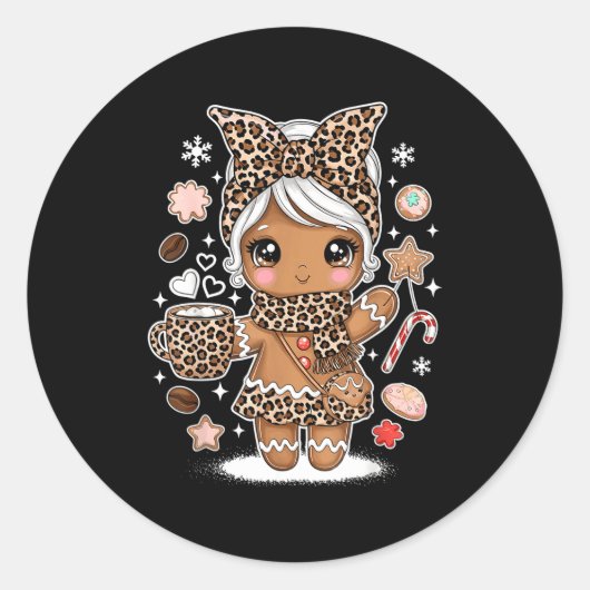 Cute Gingerbread Leopard Christmas Xmas Girl Women ラウンドシール (正面)