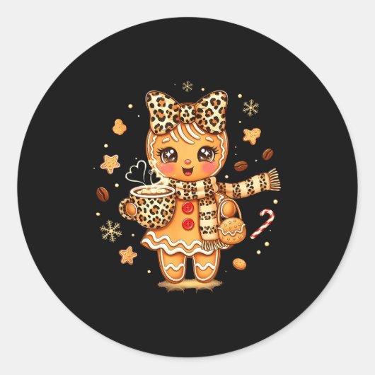 Cute Gingerbread Leopard Christmas Xmas Girl Women ラウンドシール (正面)