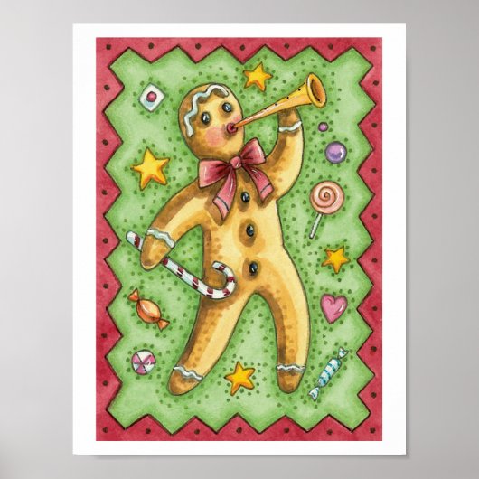 Cute Gingerbread Man Blowing Horn, Christmas Candy ポスター (正面)