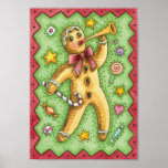 Cute Gingerbread Man Blowing Horn, Christmas Candy ポスター<br><div class="desc">Vintage illustration Merry Christmas dessert holiday design featuring an adorable gingerbreadman holding a candy cane,  surrounded by stars and lollypops. He is making music by  blowing a horn.</div>