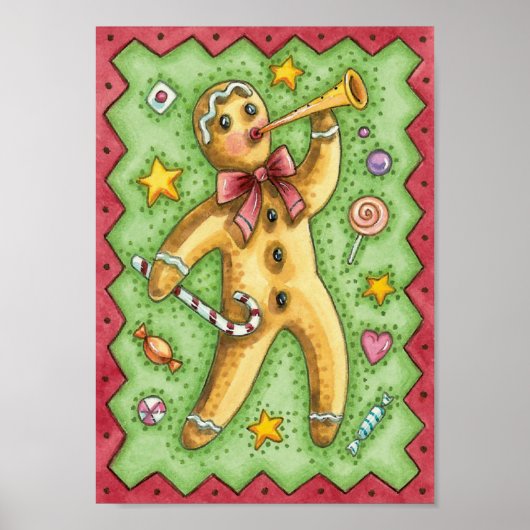 Cute Gingerbread Man Blowing Horn, Christmas Candy ポスター (正面)
