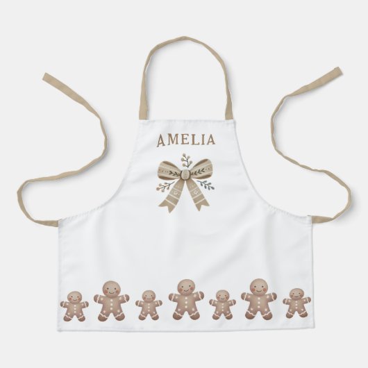 Cute Gingerbread Man & Bow Drawing Christmas Name エプロン (正面)