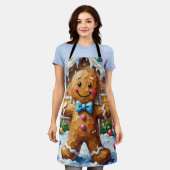 Cute Gingerbread Man Cheerful Christmas Cookie Art エプロン (着用した状態)