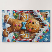 Cute Gingerbread Man Cheerful Christmas Cookie Art ジグソーパズル (横)