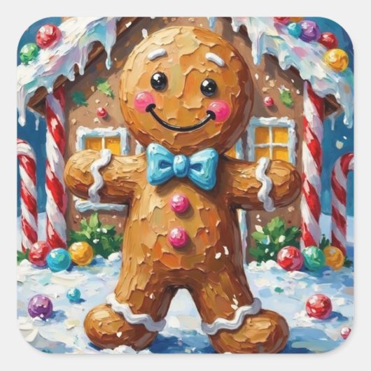 Cute Gingerbread Man Cheerful Christmas Cookie Art スクエアシール (正面)