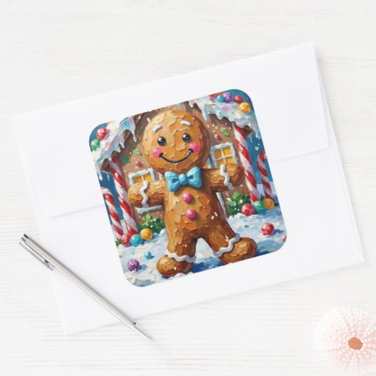 Cute Gingerbread Man Cheerful Christmas Cookie Art スクエアシール (封筒)