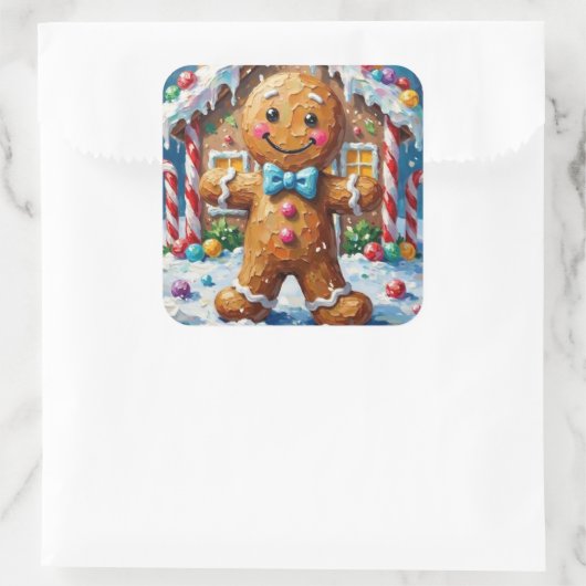 Cute Gingerbread Man Cheerful Christmas Cookie Art スクエアシール (バッグ)