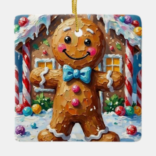 Cute Gingerbread Man Cheerful Christmas Cookie Art セラミックオーナメント (正面)