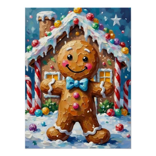 Cute Gingerbread Man Cheerful Christmas Cookie Art ポスター (正面)