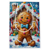 Cute Gingerbread Man Cheerful Christmas Cookie Art ミディアムペーパーバッグ (正面)