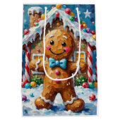 Cute Gingerbread Man Cheerful Christmas Cookie Art ミディアムペーパーバッグ (裏面)