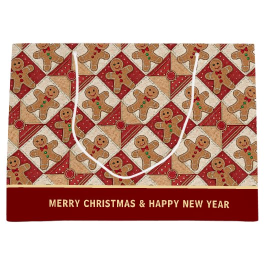 Cute Gingerbread Man Patchwork Pattern Custom ラージペーパーバッグ (正面)
