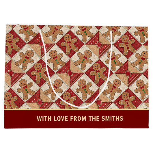 Cute Gingerbread Man Patchwork Pattern Custom ラージペーパーバッグ (裏面)