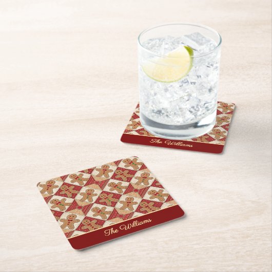 Cute Gingerbread Man Patchwork Pattern Style スクエアペーパーコースター (インサイチュ)