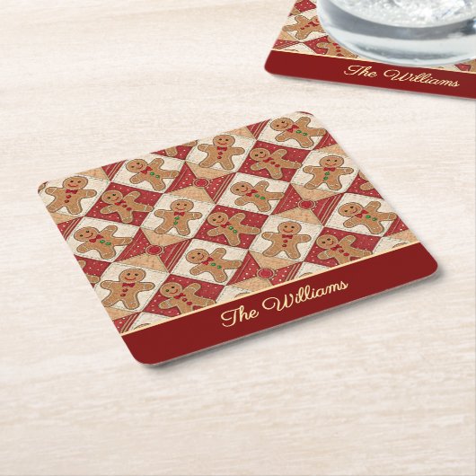 Cute Gingerbread Man Patchwork Pattern Style スクエアペーパーコースター (アングル)