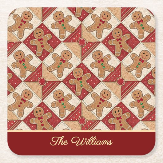 Cute Gingerbread Man Patchwork Pattern Style スクエアペーパーコースター (正面)