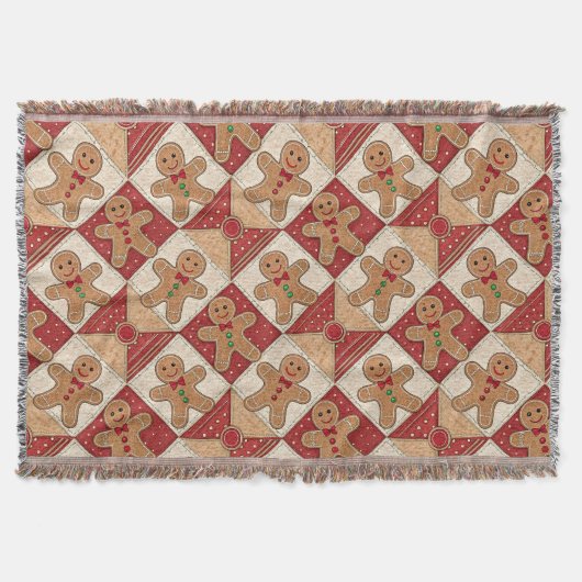 Cute Gingerbread Man Patchwork Pattern Style スローブランケット (正面)