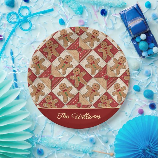 Cute Gingerbread Man Patchwork Pattern Style ペーパープレート (パーティー)