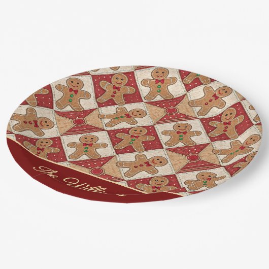 Cute Gingerbread Man Patchwork Pattern Style ペーパープレート (アングル)