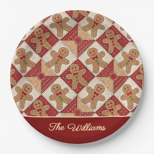 Cute Gingerbread Man Patchwork Pattern Style ペーパープレート (正面)