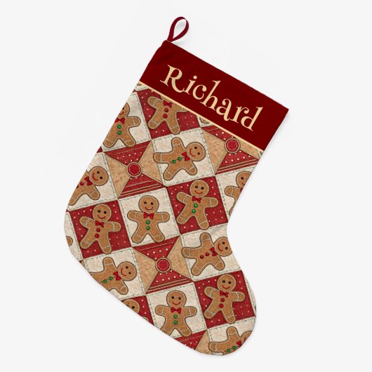 Cute Gingerbread Man Patchwork Pattern Style ラージクリスマスストッキング (正面 (吊り時))