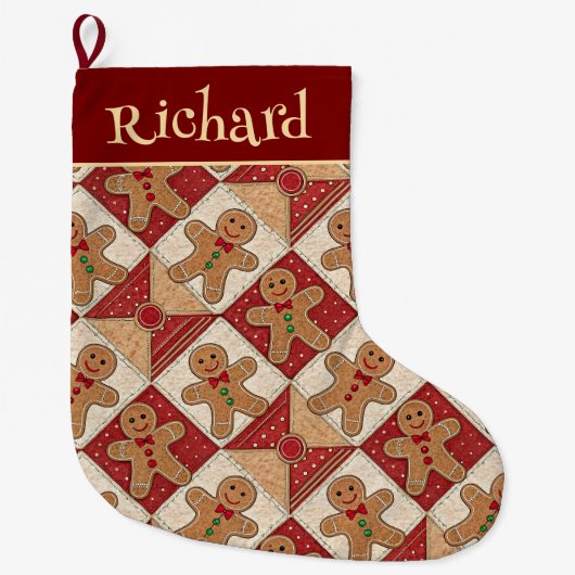 Cute Gingerbread Man Patchwork Pattern Style ラージクリスマスストッキング (正面)