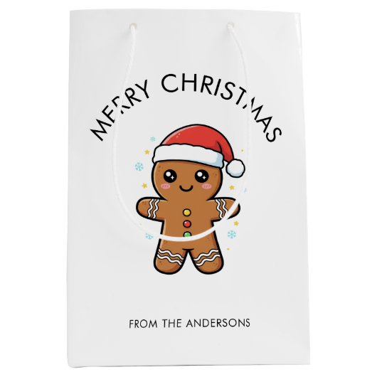 Cute Gingerbread Man with Santa Hat Christmas ミディアムペーパーバッグ (正面)