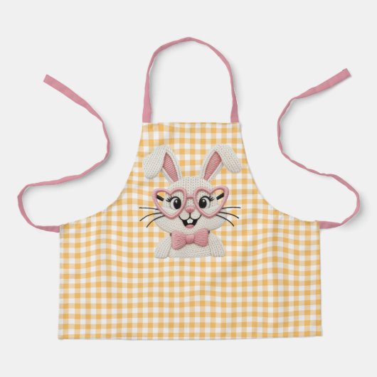 Cute Gingham Bunny Pink Heart Glasses  エプロン (正面)
