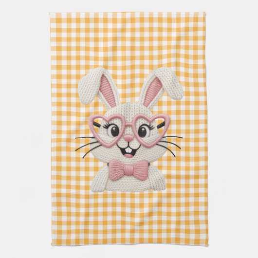 Cute Gingham Bunny Pink Heart Glasses  キッチンタオル (縦)