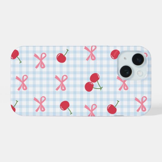 Cute Gingham Cherry iPhone Case with Bow Coquette 15ケース (裏面横)