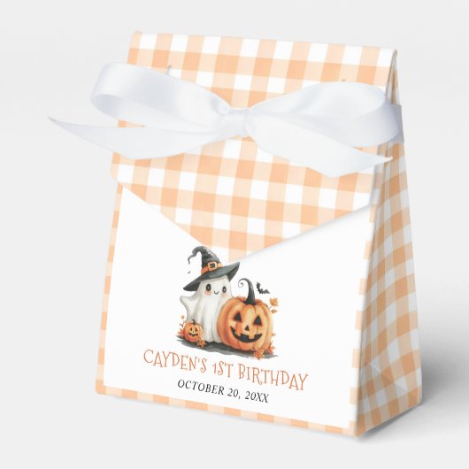Cute Gingham Halloween Ghost 1st Birthday フェイバーボックス (正面サイド)