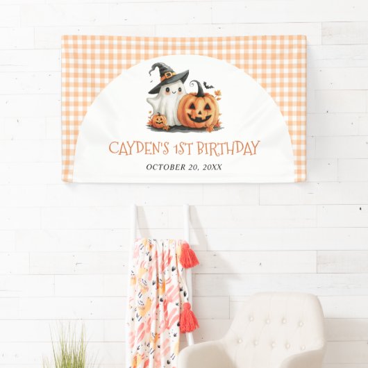 Cute Gingham Halloween Ghost 1st Birthday 横断幕 (インサイチュ)