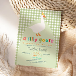Cute Gingham Neutral Silly Goose Baby Shower 招待状