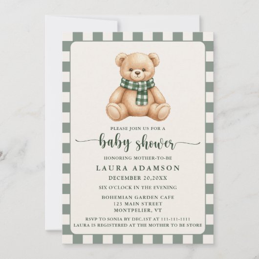 Cute Gingham Plaid Teddy Bear Winter Baby Shower 招待状 (正面)