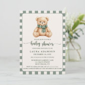 Cute Gingham Plaid Teddy Bear Winter Baby Shower 招待状 (スタンド正面)