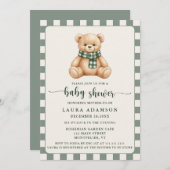 Cute Gingham Plaid Teddy Bear Winter Baby Shower 招待状 (正面/裏面)