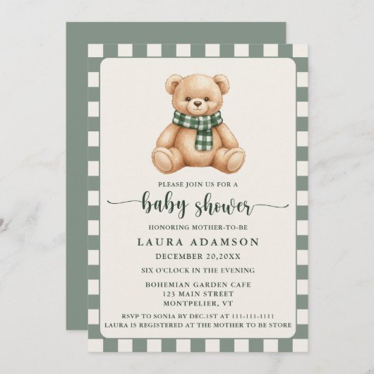 Cute Gingham Plaid Teddy Bear Winter Baby Shower 招待状 (正面/裏面)
