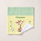 Cute giraffe add name polka dots stars green ウォッシュタオル (ウォッシュタオル)