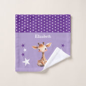 Cute giraffe add name polka dots stars purple ウォッシュタオル (ウォッシュタオル)