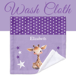 Cute giraffe add name polka dots stars purple ウォッシュタオル