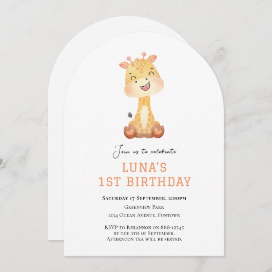 Cute Giraffe arch 1st birthday invitation 招待状 (正面/裏面)