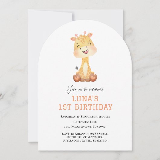 Cute Giraffe arch 1st birthday invitation 招待状 (正面)