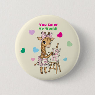 Cute Giraffe Artist "You Color My World" Valentine 缶バッジ