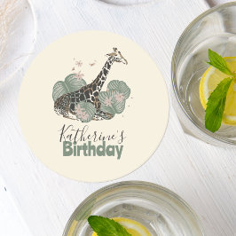 Cute Giraffe Botanical Animal Birthday Party ラウンドペーパーコースター